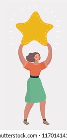 Vector cartoon illustation of woman holding big star. Female character on white bakcground. Holding big star above her head. Female character on white isolated background.