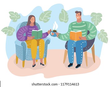 Vector cartoon illustationn of man and woman sitting in chair, reading books and dring tea, people in bookshop or home. Cozy mood.