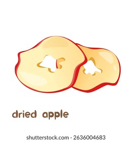 Ilustração de desenho animado vetorial de fruta de maçã seca com letras isoladas sobre fundo branco.	