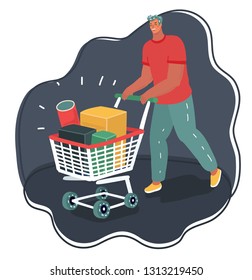 Vector cartoon illustraion of Young man wish shop list pushing supermarket shopping cart full of goods.