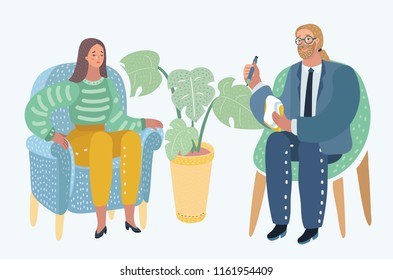 Vector cartoon illustraron of concept with specialist and client with her problem. Consultation and diagnosis. Modern human characters on white background.