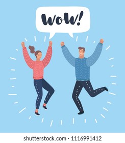 Vector cartoon illustratiion of Couple man and woman jump and cry. Speech bubble above.