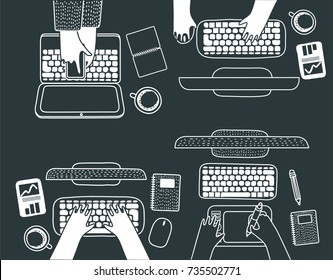 Vector cartoon illustratiion of top view open space workspace. Human hands of working people. Gadget and work on keyboard. Monitor, notebook, digitizer, smartphone, notes and coffee. Black and white.