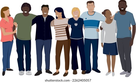 Vector cartoon illustrating human solidarity with friends of different race and culture hugging and moving forward together. They help each other.