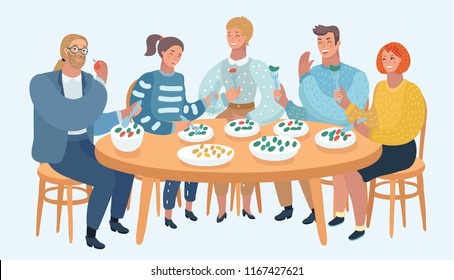 Vector cartoon illustratio of friends having fun at the house barbecue. Eating and sharing good moods. Human characters on white background.