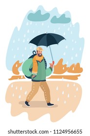 Vector cartoon illustratio of man with Umbrella walking Under the Rain. Autumn park landscape.