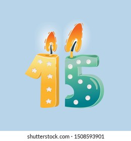 Vector cartoon illustration of 15 years anniversary. Celebration Candles burning.