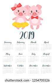Vector cartoon illustration of 2019 year calendar with cute pink pig character: boy and girl in yellow skirt and red bow standing together.  Template for print. One page Calendar. Vertical layout.