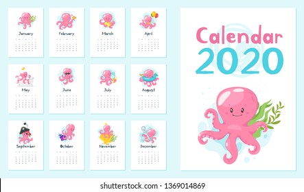 Vector cartoon illustration of 2020 year calendar set with cute pink octopus character. Template for print. Vertical layout. White background.