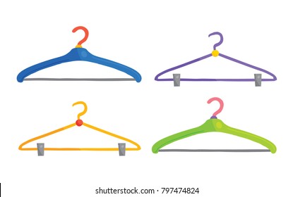 Vector cartoon illustration of 4 colorful clothes hangers isolated against white background