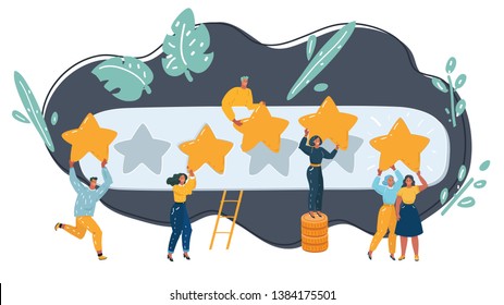 Vector cartoon illustration of 5 Rating Stars with Tiny People Holding big stars in hands. Rating concept. High score in users hands. Character on dark background.