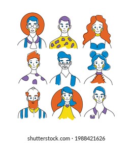 Vector cartoon illustration of 9 marker black outlined different-looking human avatars. Human faces in a retro style.