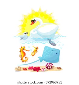 vector Cartoon illustration ABC letter S: Swan, stingray, sea horse, starfish, seashells. Colorful print art. Sea creatures. Undersea world. Clip art isolated on white background. EPS 10 without mesh