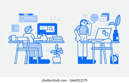 Vector cartoon illustration about business, worker or freelancer in modern style. filled outline.