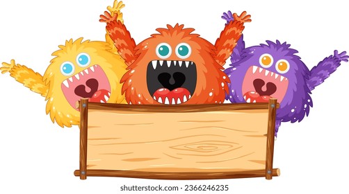 Vector cartoon illustration of adorable alien monsters standing behind a wooden frame