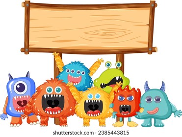 Vector cartoon illustration of adorable alien monsters standing in front of a wooden frame board template banner