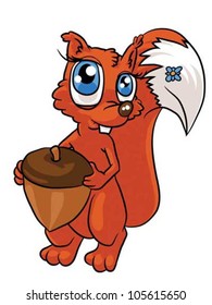 Vector cartoon illustration of a  adorable red squirrel  holding a nut.