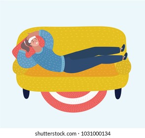 Vector cartoon illustration of adult woman lying on sofa with sickness. Sick female resting or laid up on couch, illness or disease. Girl with compress, suffering headache at home in apartment.