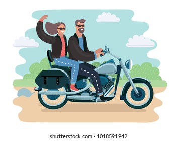 Vector cartoon illustration of adventurousy couple in sunglasses and leather jacket riding a scooter in the park. Bikers family.