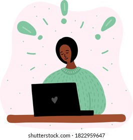 Vector cartoon illustration of african black woman blogging in internet, learn or communication. Some exclamation mark around her. E-learning, remote work