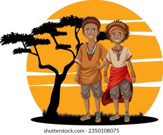 Vector cartoon illustration of an African couple in traditional dress standing in a savanna background