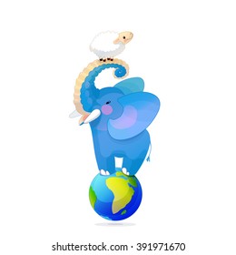 vector Cartoon illustration African elephant standing on globe holding sheep. Clip art isolated on white background. EPS 10 without mesh

