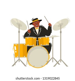 Vector cartoon illustration of african jazz, soul musician on drums isolated on white background. Full height portrait of black man used for music poster, magazine