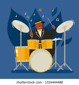 Vector cartoon illustration of african jazz, soul musician on drums isolated on bluebackground. Full height portrait of black man used for music poster, magazine