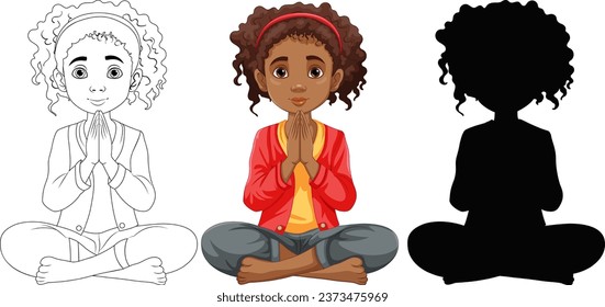 Vector cartoon illustration of an African woman peacefully praying inside a clam