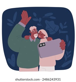 Vector cartoon illustration of afro grandfathers couple happy characters over dark backround