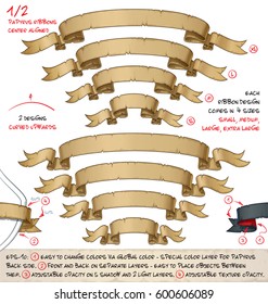 Vector cartoon illustration of age old papyrus or parchment ribbons. Set of two designs in four sizes each. Neatly layered and labeled to allow many variations and easy editing
