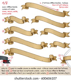 Vector cartoon illustration of age old papyrus or parchment ribbons. Set of two designs in four sizes each. Neatly layered and labeled to allow many variations and easy editing