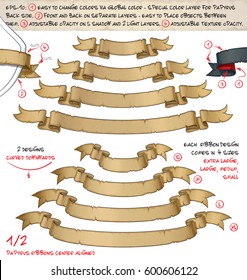 Dibujo vectorial de antiguas cintas de papiros o pergamino. Conjunto de dos diseños en cuatro tamaños cada uno. Cuadrado y etiquetado para permitir muchas variaciones y edición sencilla