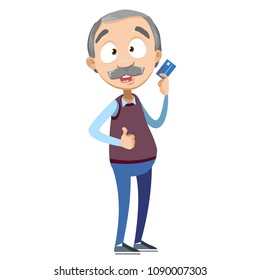 Vector cartoon illustration of aged grandfather character holds a credit card in his hand. Vector illustration in cartoon flat style, isolated on a white background.