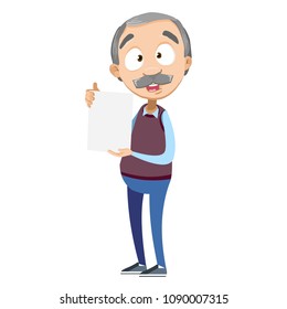 
Vector cartoon illustration of aged grandfather character shows a sheet with the contract. Vector illustration in cartoon flat style, isolated on a white background.