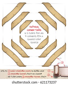 Vector cartoon illustration of aged old papyrus or parchment corner tags. Set of 3 sizes by 4 corners sharing the same light source. Neatly layered and labeled with Global Colors for easy editing. 