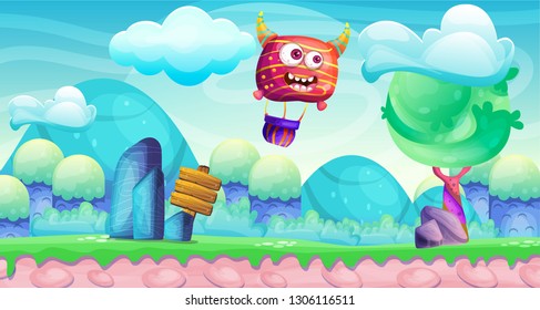 Vector cartoon illustration air balloon on the grass under the sky with clouds - Vector