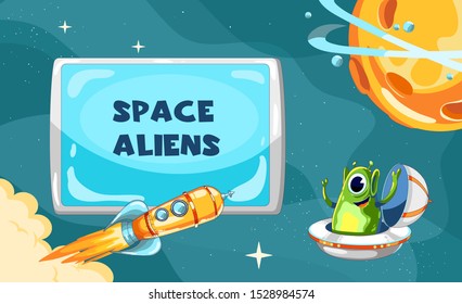 Vector cartoon illustration with Alien monster flying, Fantasy planet, rocket space ship take off, scoreboard. Space game design.