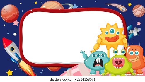 A vector cartoon illustration of an alien monster surrounded by an outer space border frame