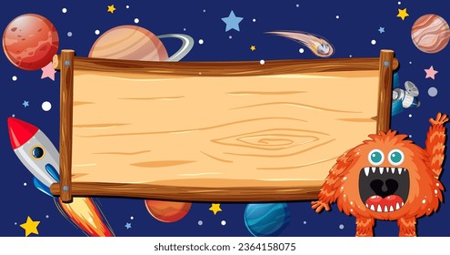 A vector cartoon illustration of an alien monster framed by a wooden border in outer space