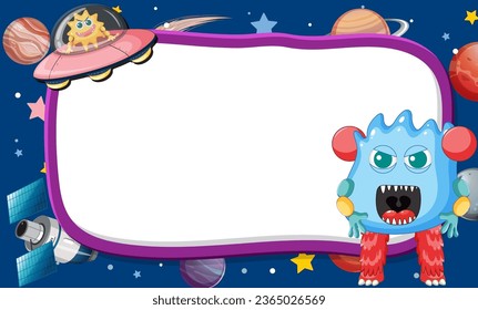 A vector cartoon illustration of an alien monster surrounded by an outer space border frame