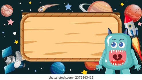 A vector cartoon illustration of an alien monster surrounded by a wooden border frame in outer space