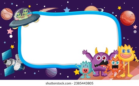 A vector cartoon illustration of an alien monster surrounded by an outer space border frame