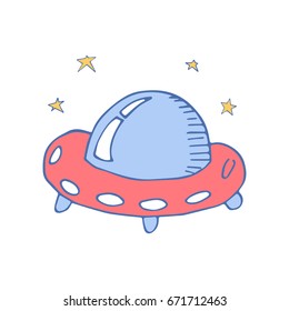 Vector cartoon illustration with alien spaceship. Vector UFO icon. Cute spacecraft, galaxy object. Children book or cover illustration. Hand drawn rocket background