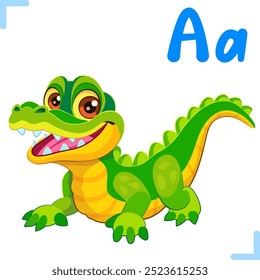 Vector cartoon illustration of an alligator with letter "A" - design for English alphabet for children. Collection of cute animals and letters.