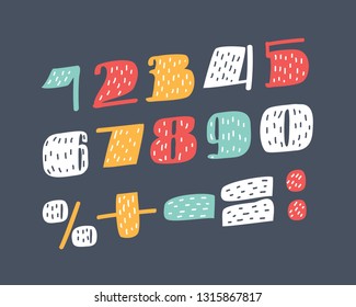 Vector cartoon illustration of Alphabet Vector Font. Type letters, numbers, sign, equals, plus, division, percent. Font on the dark background. Hand drawn letters in different colors.