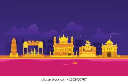 Vector cartoon illustration of the Amritsar skyline. Isolated on a colored background.