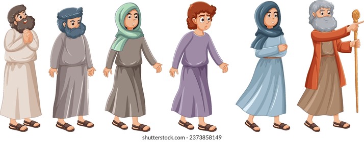 Vector cartoon illustration of ancient Muslim people walking from religious Moses Bible story