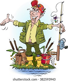 Vector cartoon illustration an angler who lies