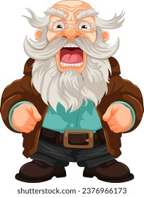 A vector cartoon illustration of an angry bald old man with a beard and mustache